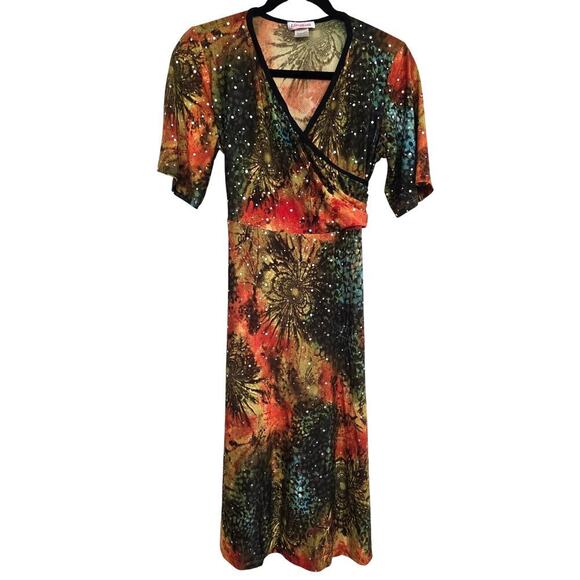 Vintage Elizabeth Jersey Knit Y2K Babydoll Midi Dress Tie Back Waist XL Sparkle - Picture 1 of 8